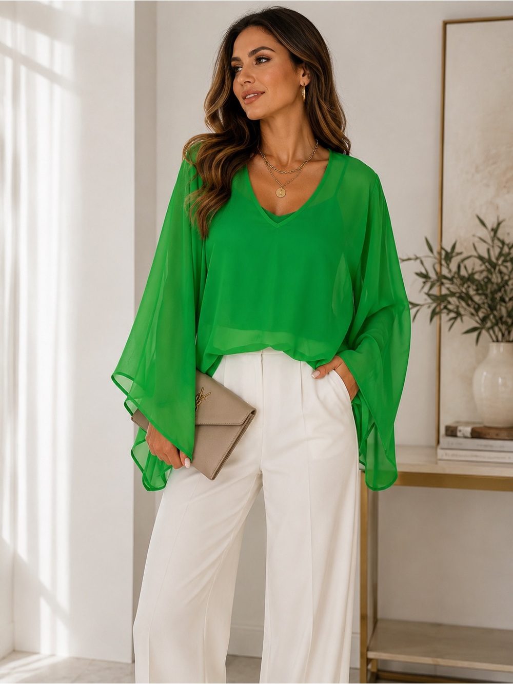 YA Los Angeles Emerald Green Silk Blend Kimono Sleeve Blouse | Size M